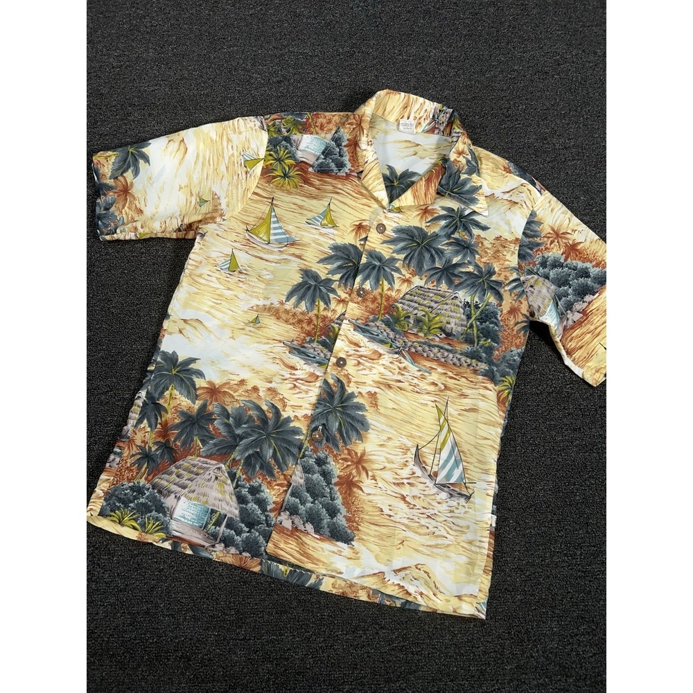 VTG‎ 70's Hang Ten Hawaiian Shirt Surf Palm Tree Sail Boat Island Size Medium